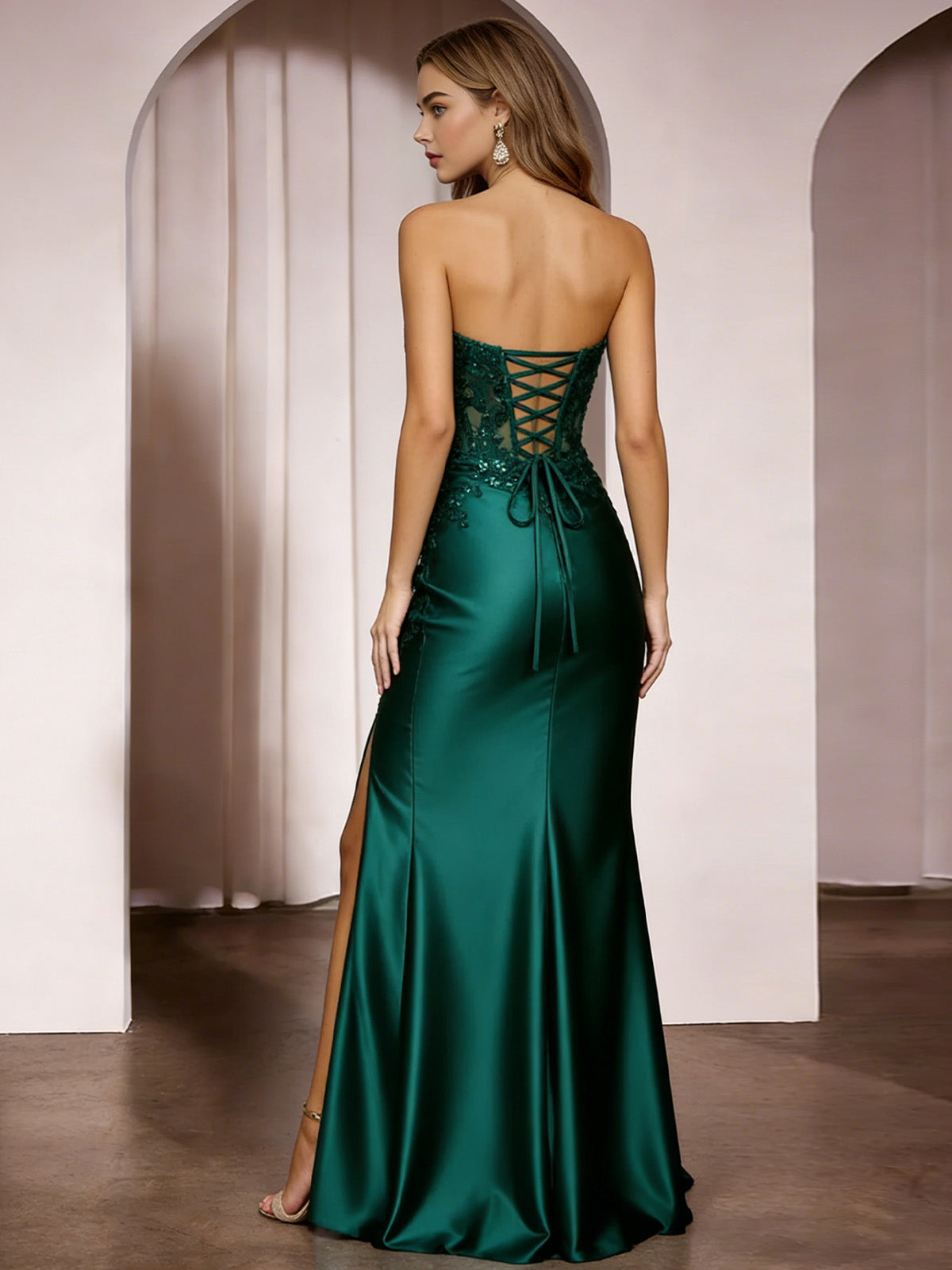 emerald strapless satin mermaid prom dress with beaded bodice and slit - image 7