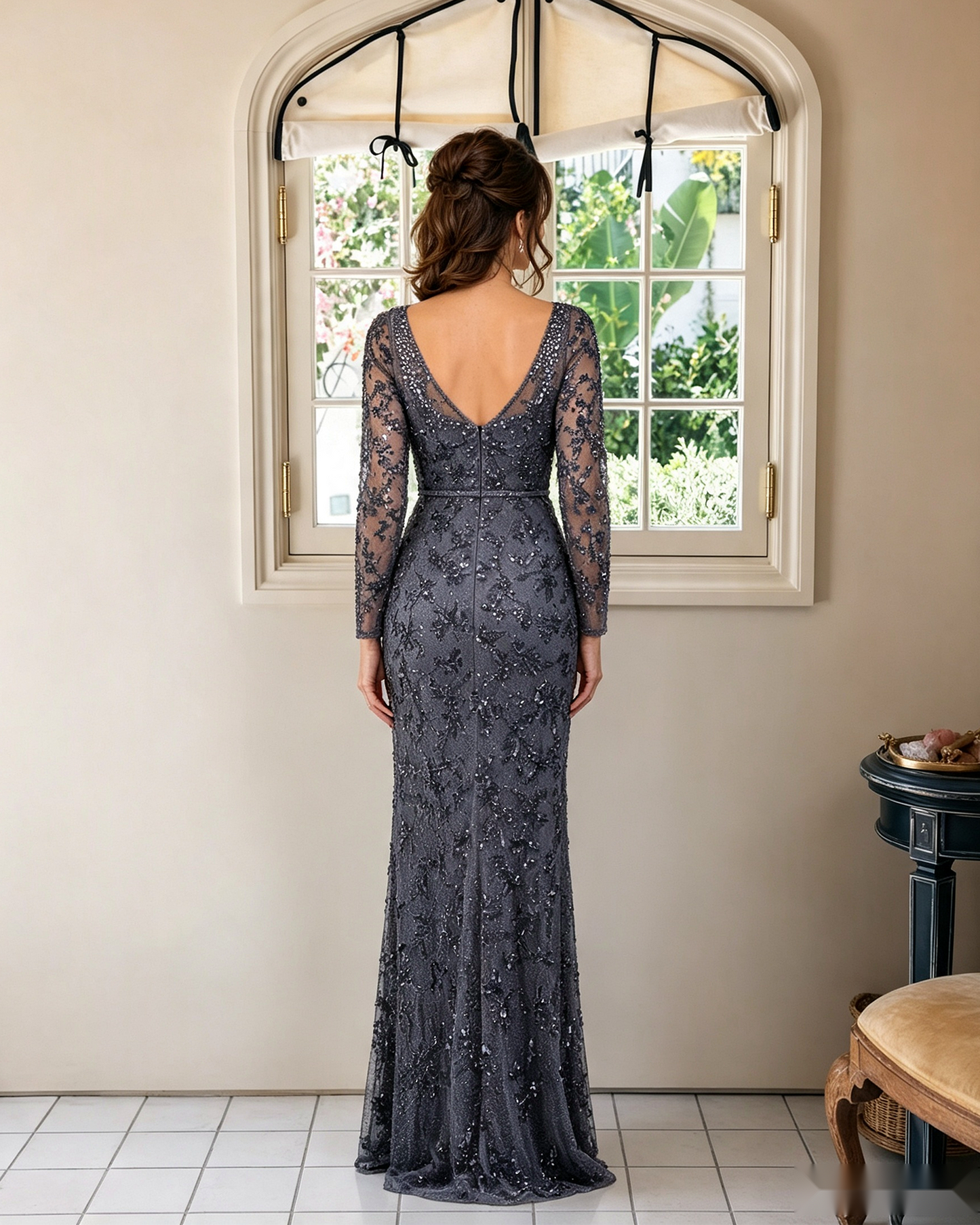 Illusion Lace Long Sleeve Sheath Mother of the Bride Dress - full V-back view