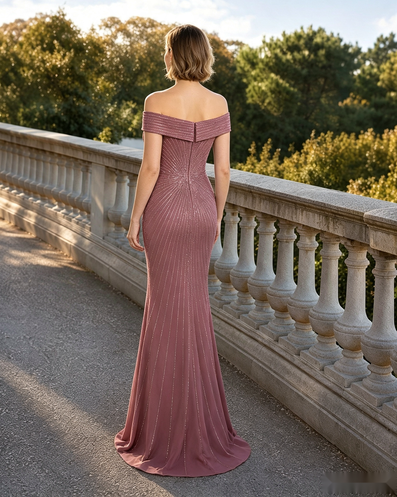 Off-Shoulder Metallic Ruched Mermaid Mother of the Bride Dress - full back view