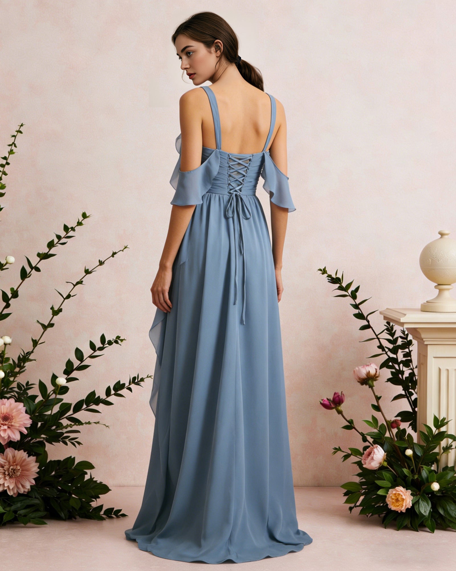 cold shoulder chiffon bridesmaid dress with draped V-neck bodice - image 7
