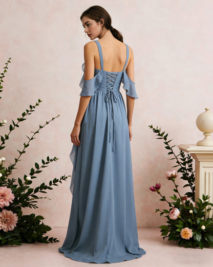 cold shoulder chiffon bridesmaid dress with draped V-neck bodice - image 7