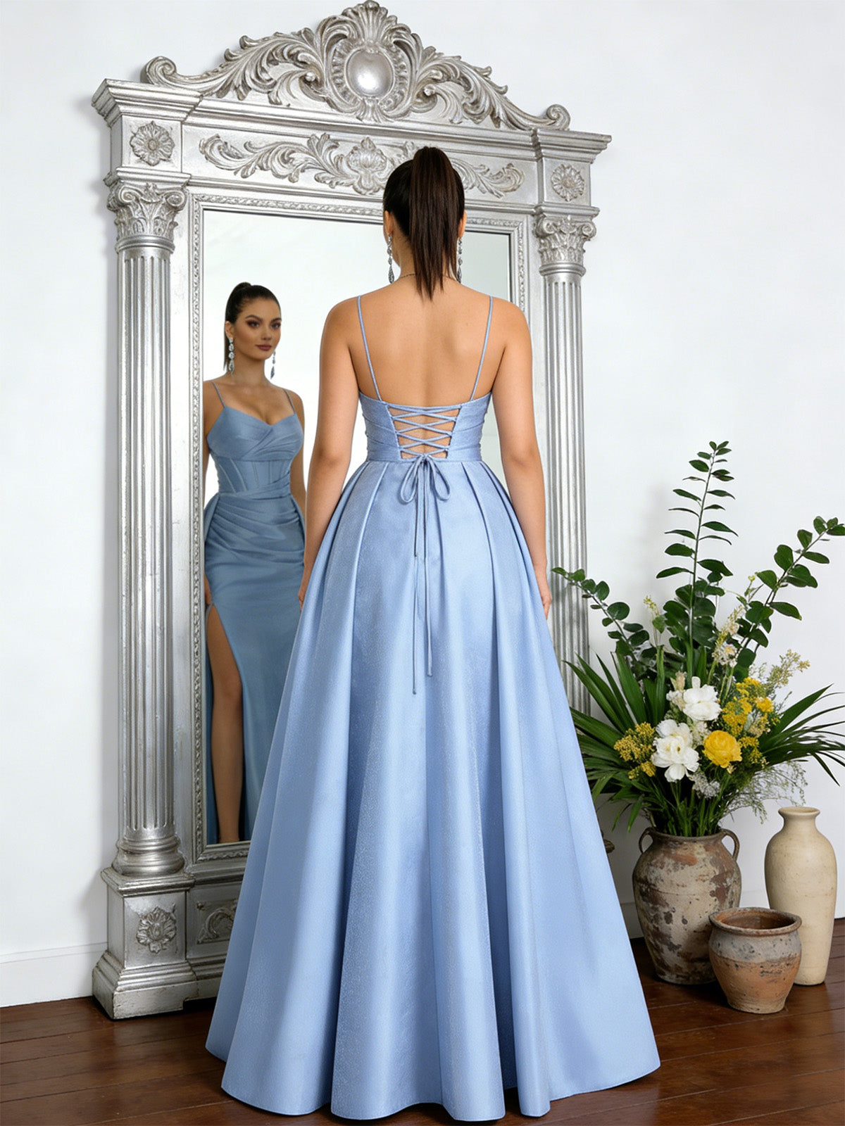 light blue one shoulder satin A-line prom dress with wrap bodice and slit - image 7