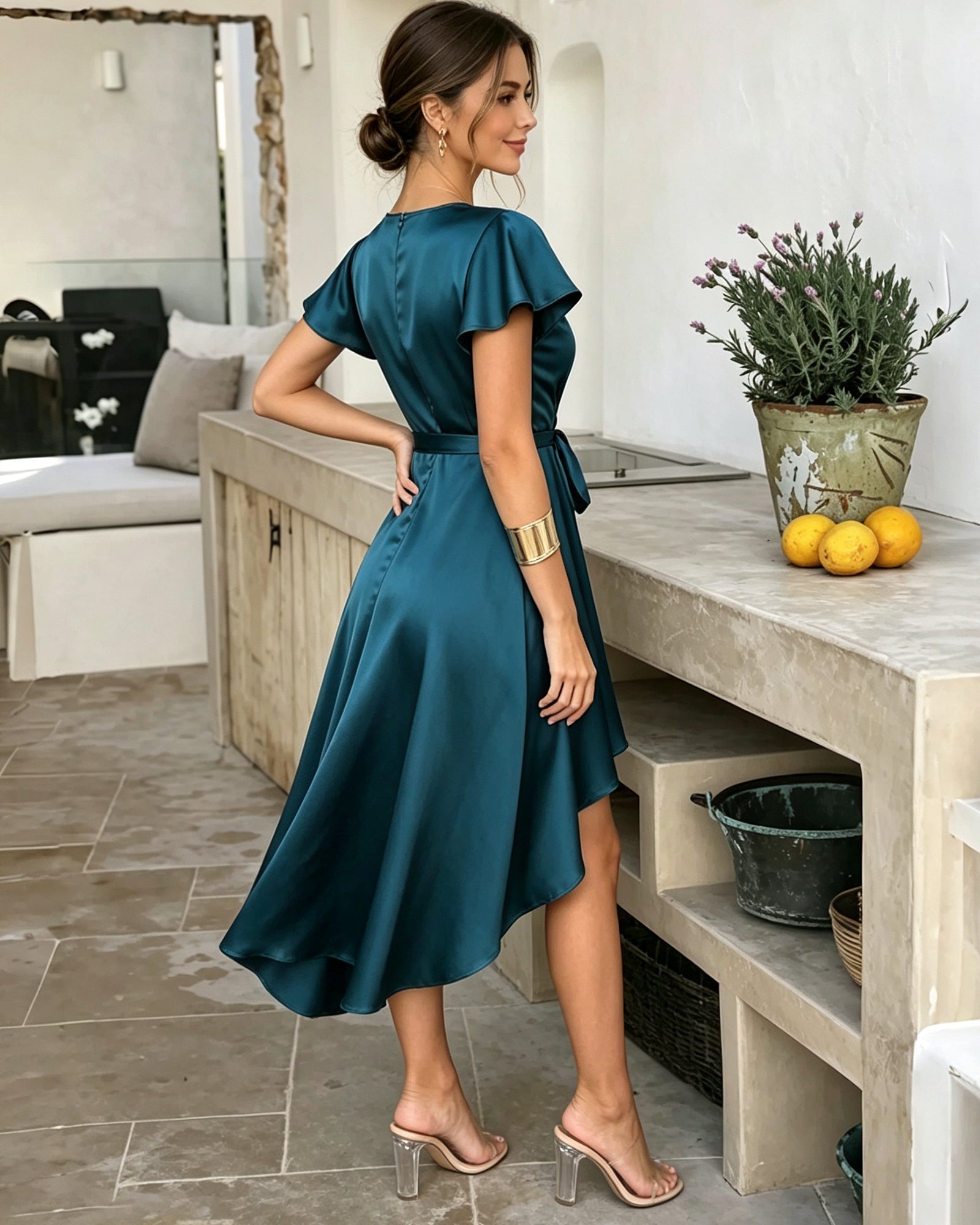 teal flutter sleeve satin wrap high-low formal dress - back three-quarter view - image 6