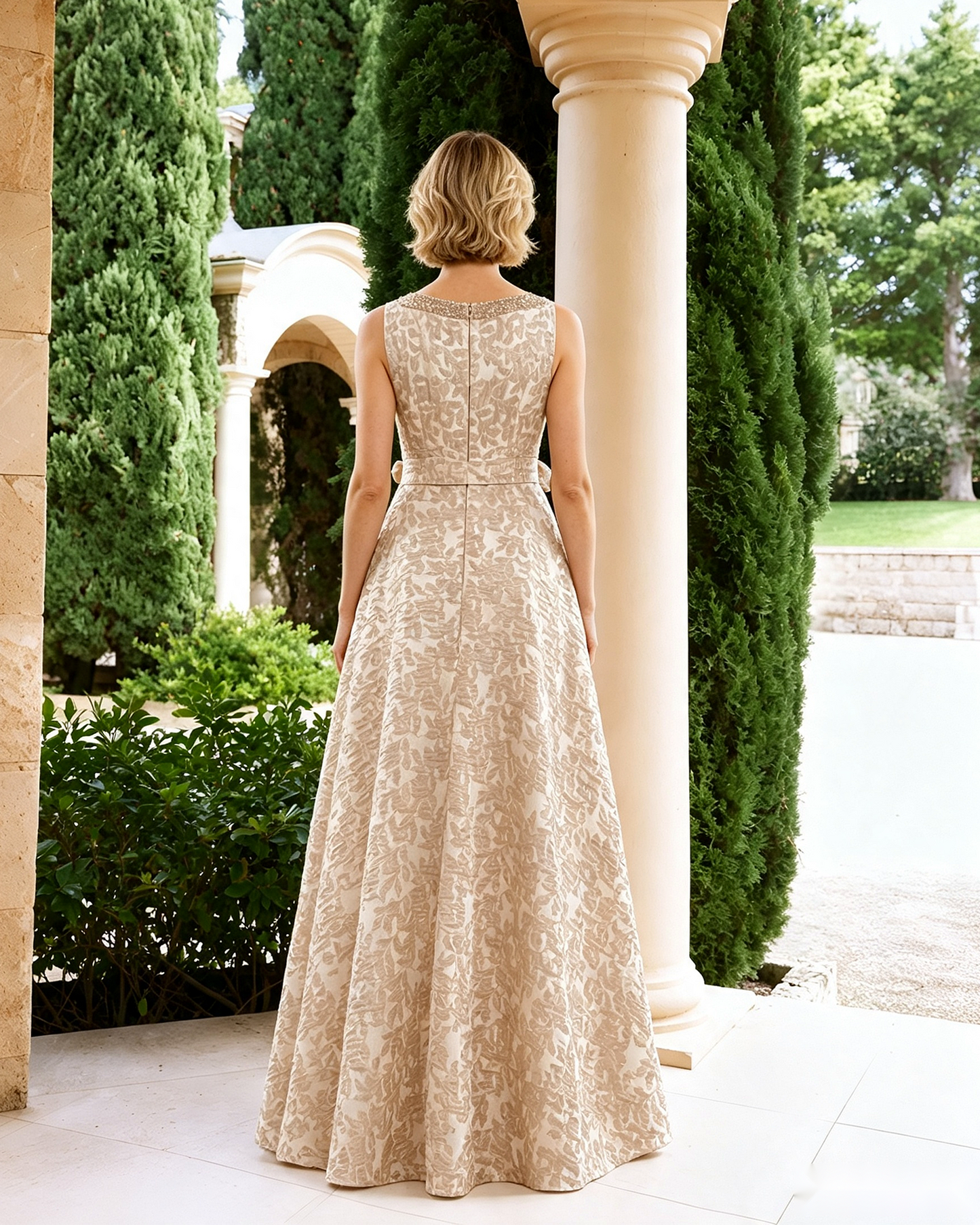 Sleeveless Lace A-Line Mother of the Bride Dress with Sash Bow - full back view