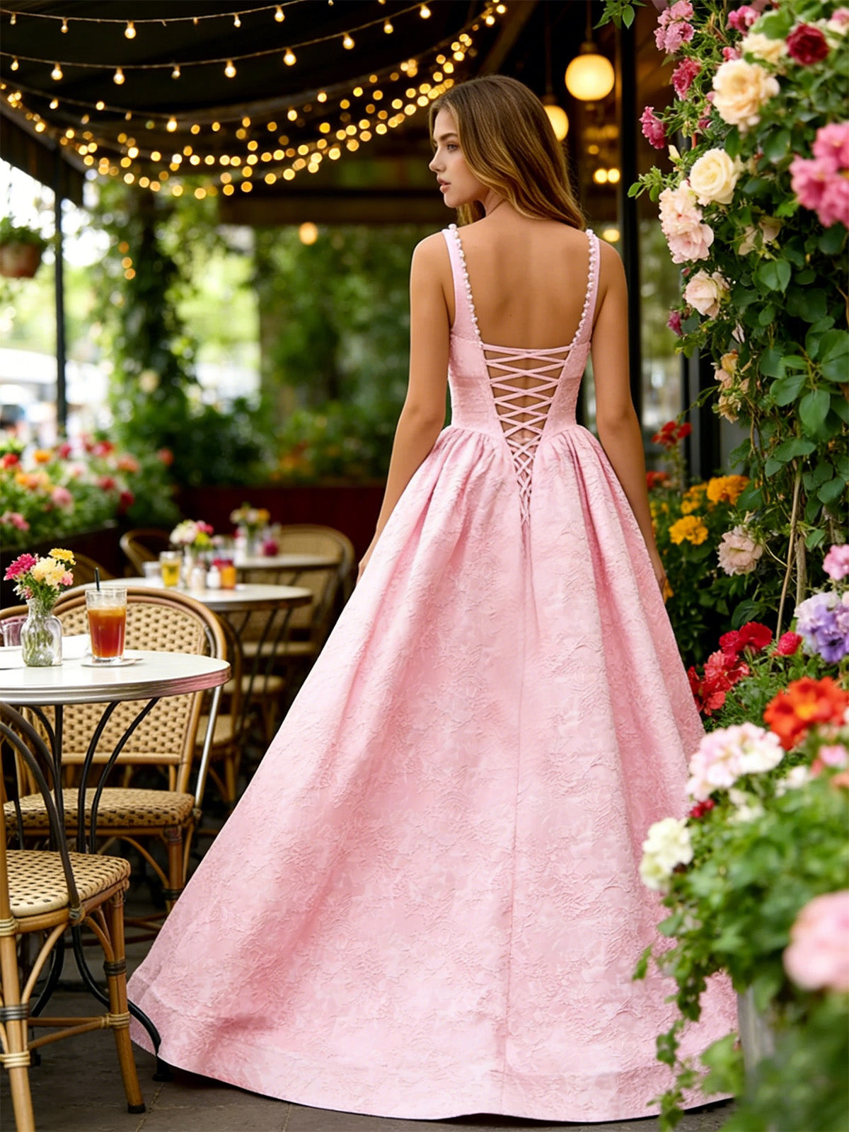 pink square neck jacquard ball gown prom dress with wide straps - image 8