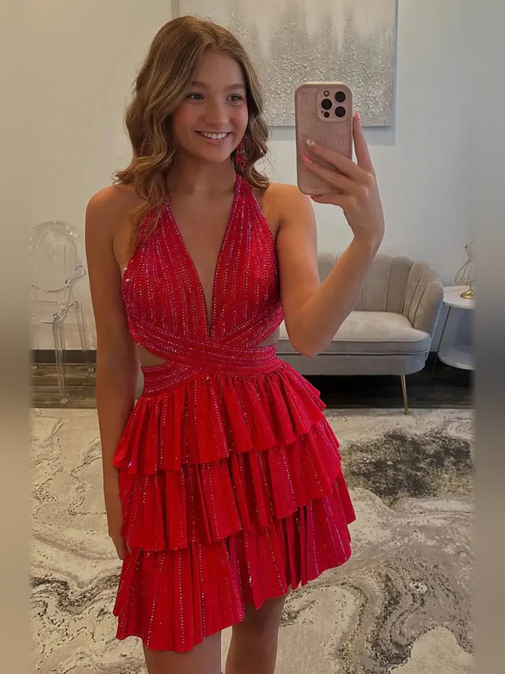Pleated Cut-Out Ruffled V Neck A-Line Mini Homecoming Dress for Awards Dinner
