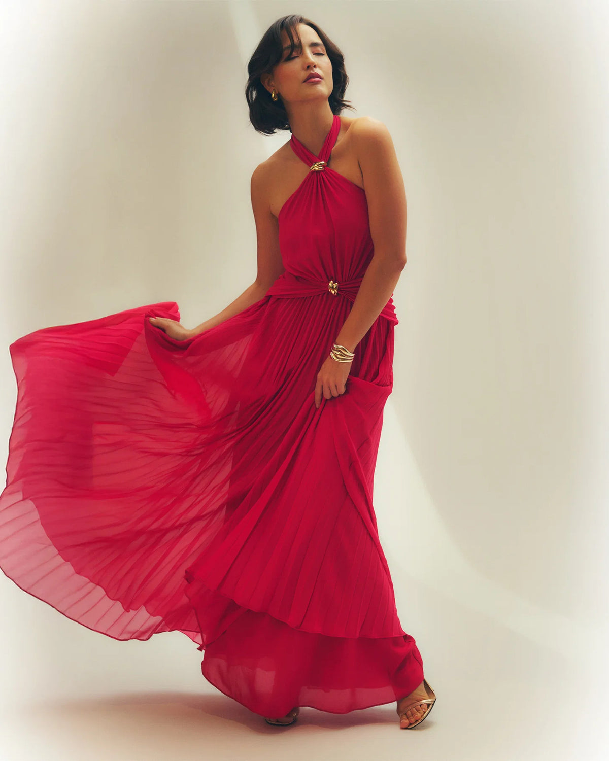Pleated Halter Neck A-Line Maxi Mother of the Bride Dress for Evening Wedding