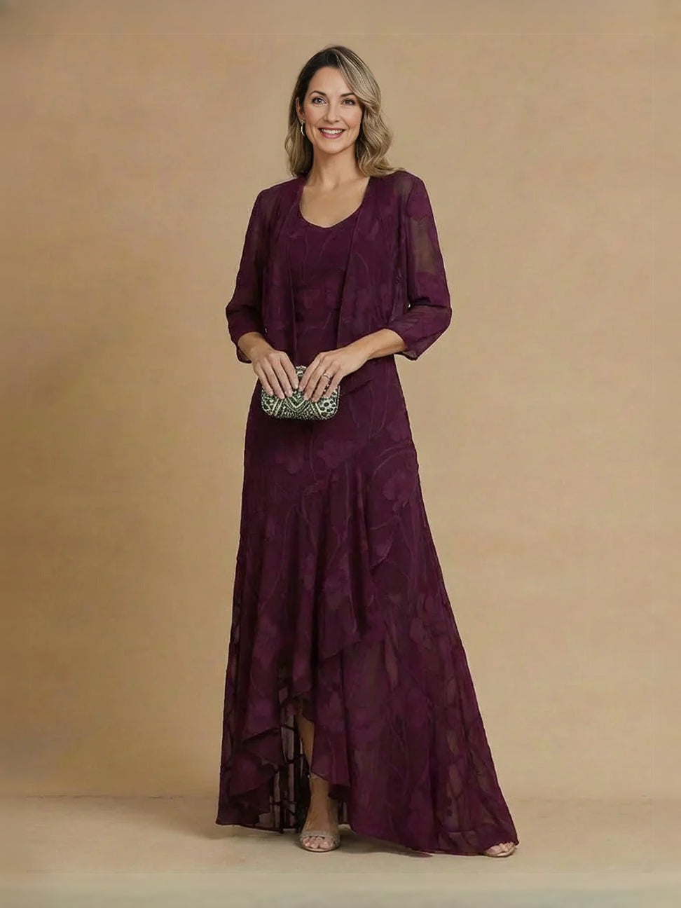 Floral V Neck A-Line High-Low Chiffon Mother of the Bride Dress for Reception Dinner