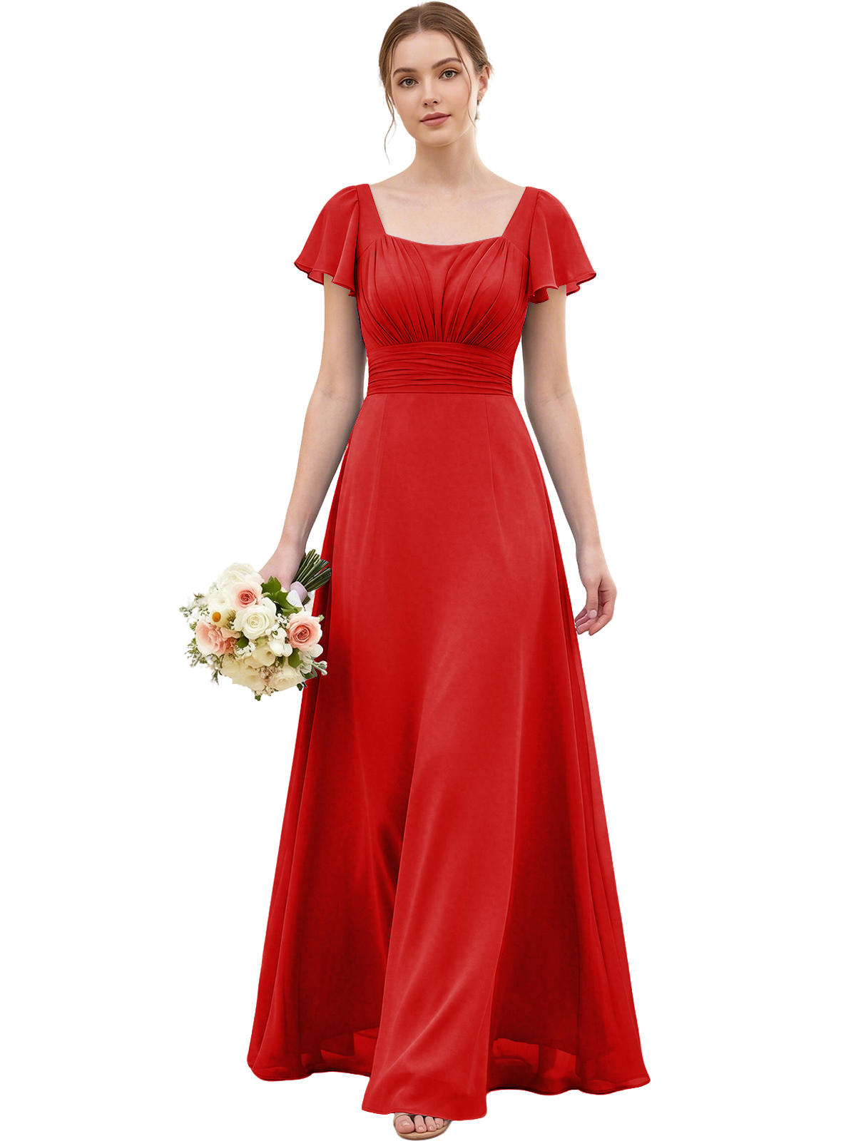 Square Neck Chiffon Bridesmaid Dress with Flutter Sleeves and Lace-Up Back