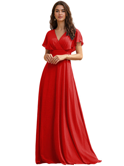 Flutter Sleeve V-Neck Chiffon Bridesmaid Dress with Flowing dress