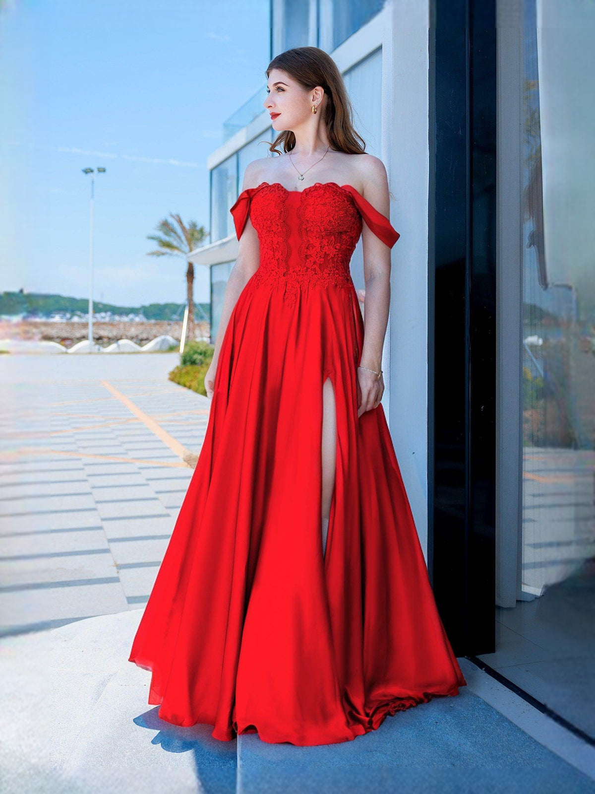 Draped Corset Floral Slit Sweetheart A-Line Floor-Length Satin Prom Dress for Pageant