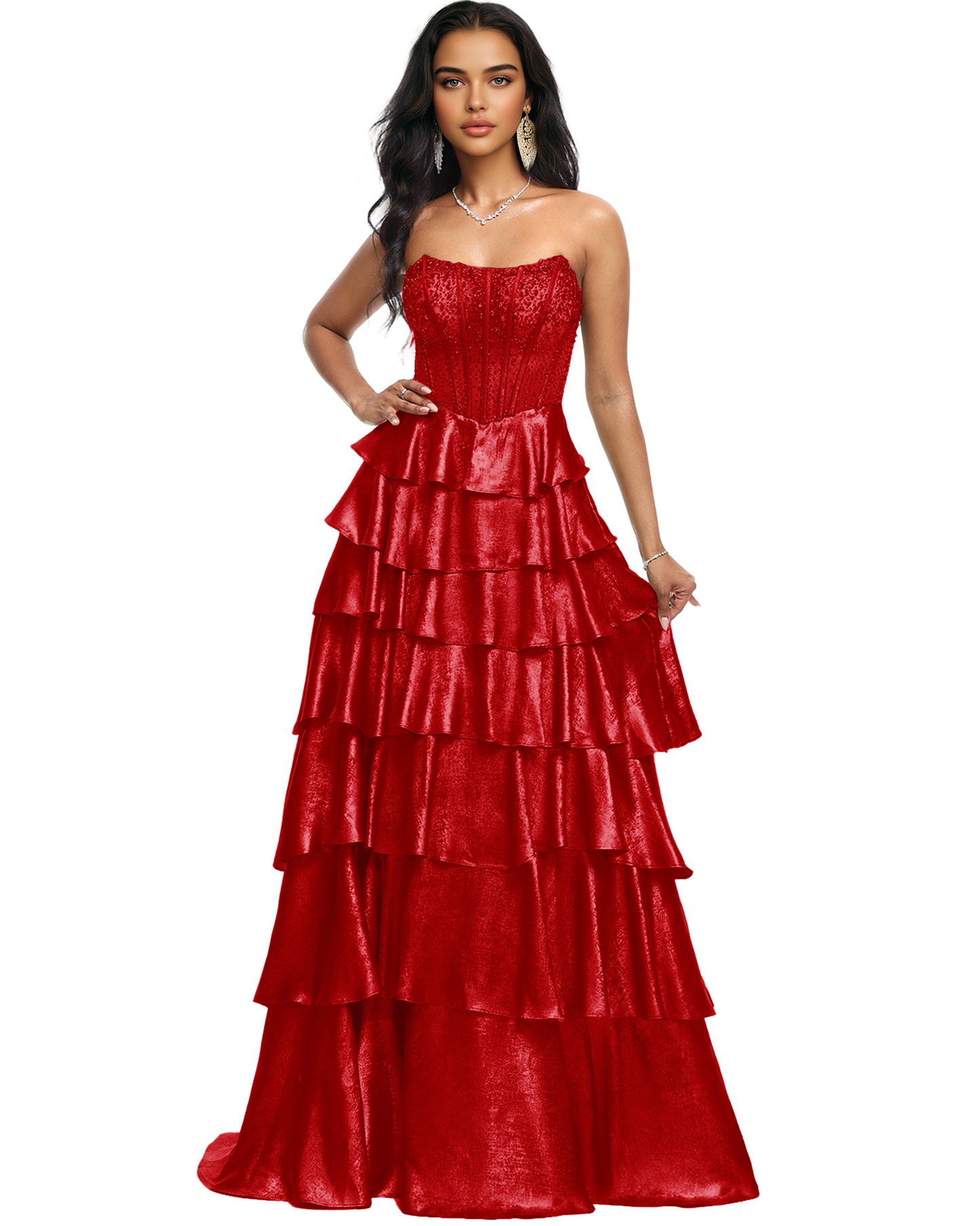 Strapless Tiered Sequin A-Line Prom Dress with Ruffle Layers