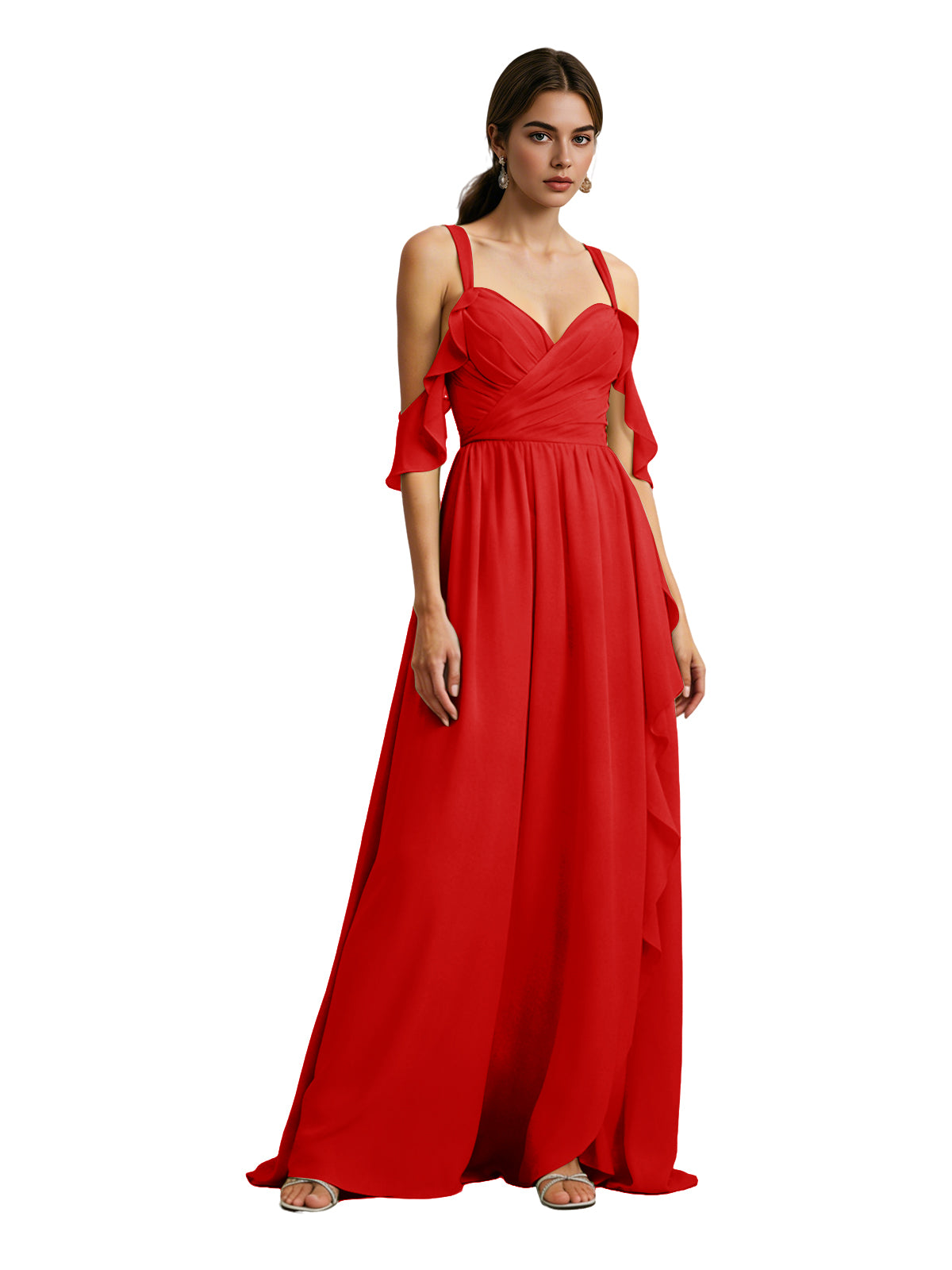 Cold Shoulder Chiffon Bridesmaid Dress with Draped V-Neck Bodice