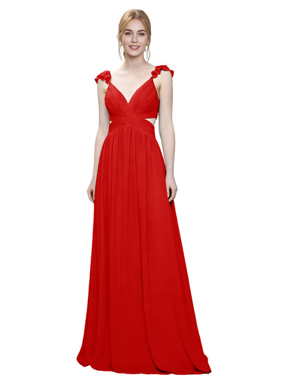 Ruffle Strap V-Neck Tulle Bridesmaid Dress with Pleated Waist