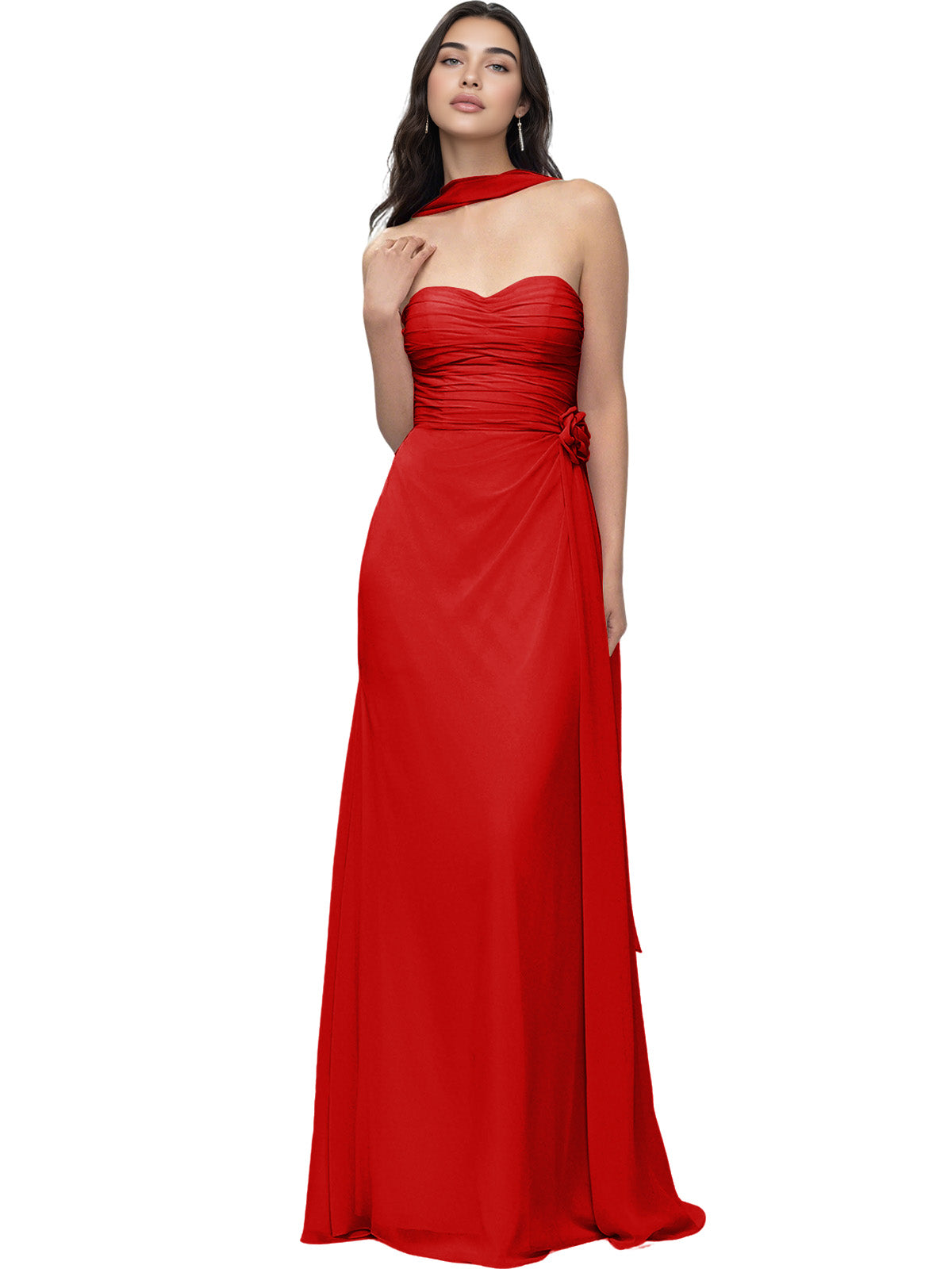 Strapless Chiffon Bridesmaid Dress with Wrapped Bodice and Slit Dress