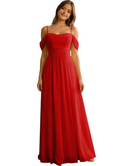 Off Shoulder Chiffon Bridesmaid Dress with Soft Pleated Bodice