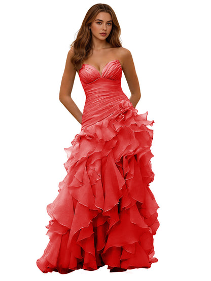 Strapless Organza Ruffle Ball Gown Prom Dress with Draped Corset Bodice