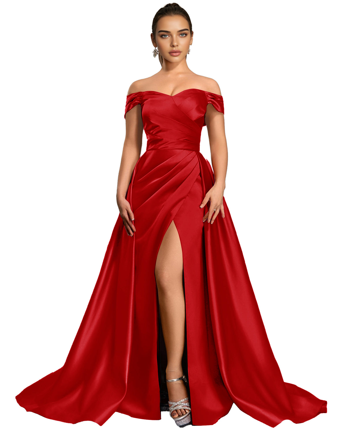 Off Shoulder Satin Ball Gown Prom Dress with Draped Bodice and Slit
