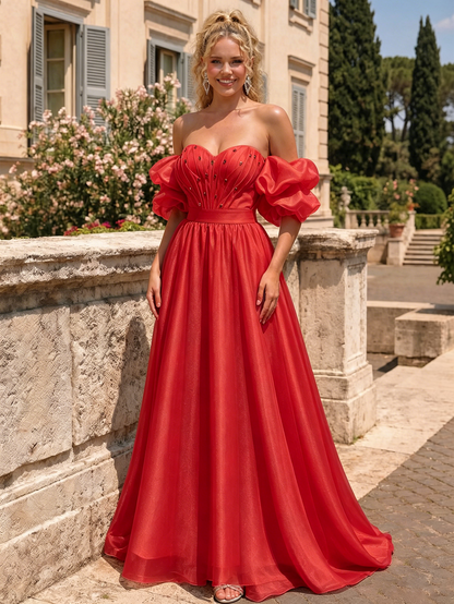 Off The Shoulder Sweetheart A-Line Prom Dress with Puff Sleeves