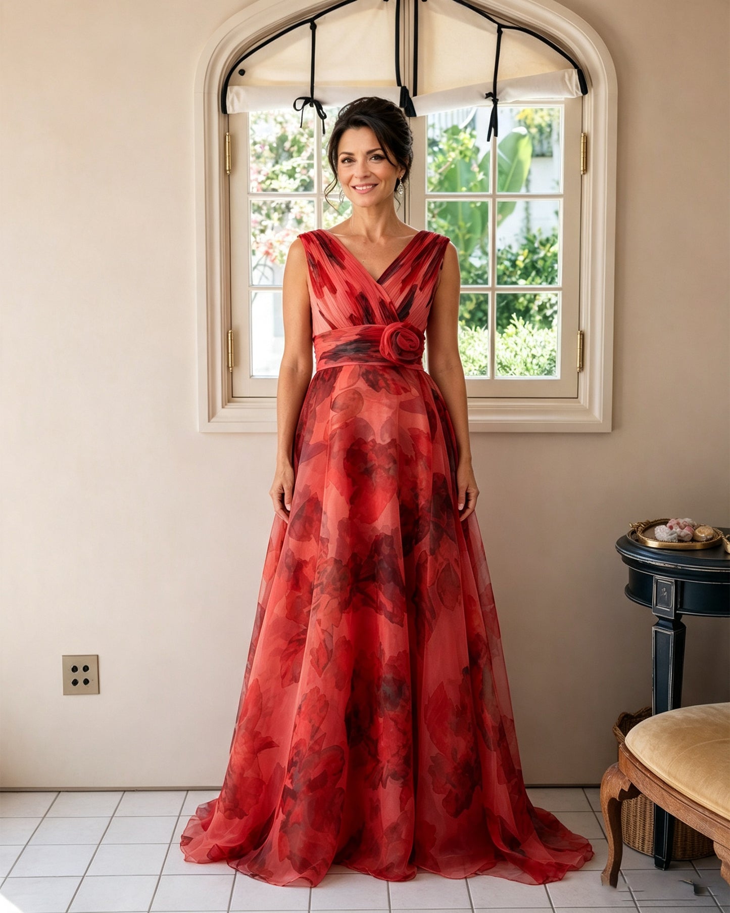 Floral Print V-Neck Chiffon Mother of the Bride Dress with Rosette Sash
