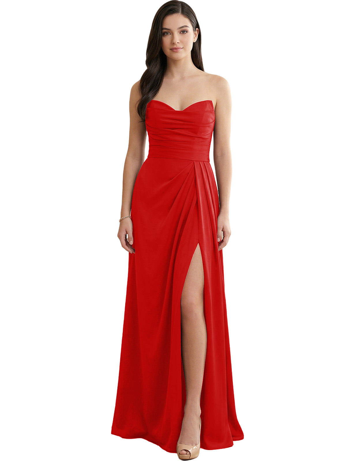 Strapless Pleated Satin Bridesmaid Dress with Side Slit