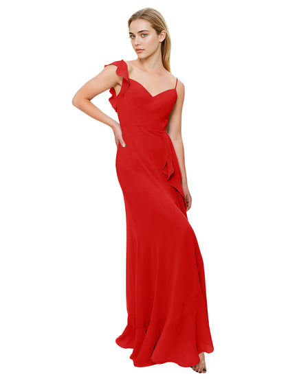 V-Neck Ruffle Strap Bridesmaid Dress with Cascading Chiffon Dress