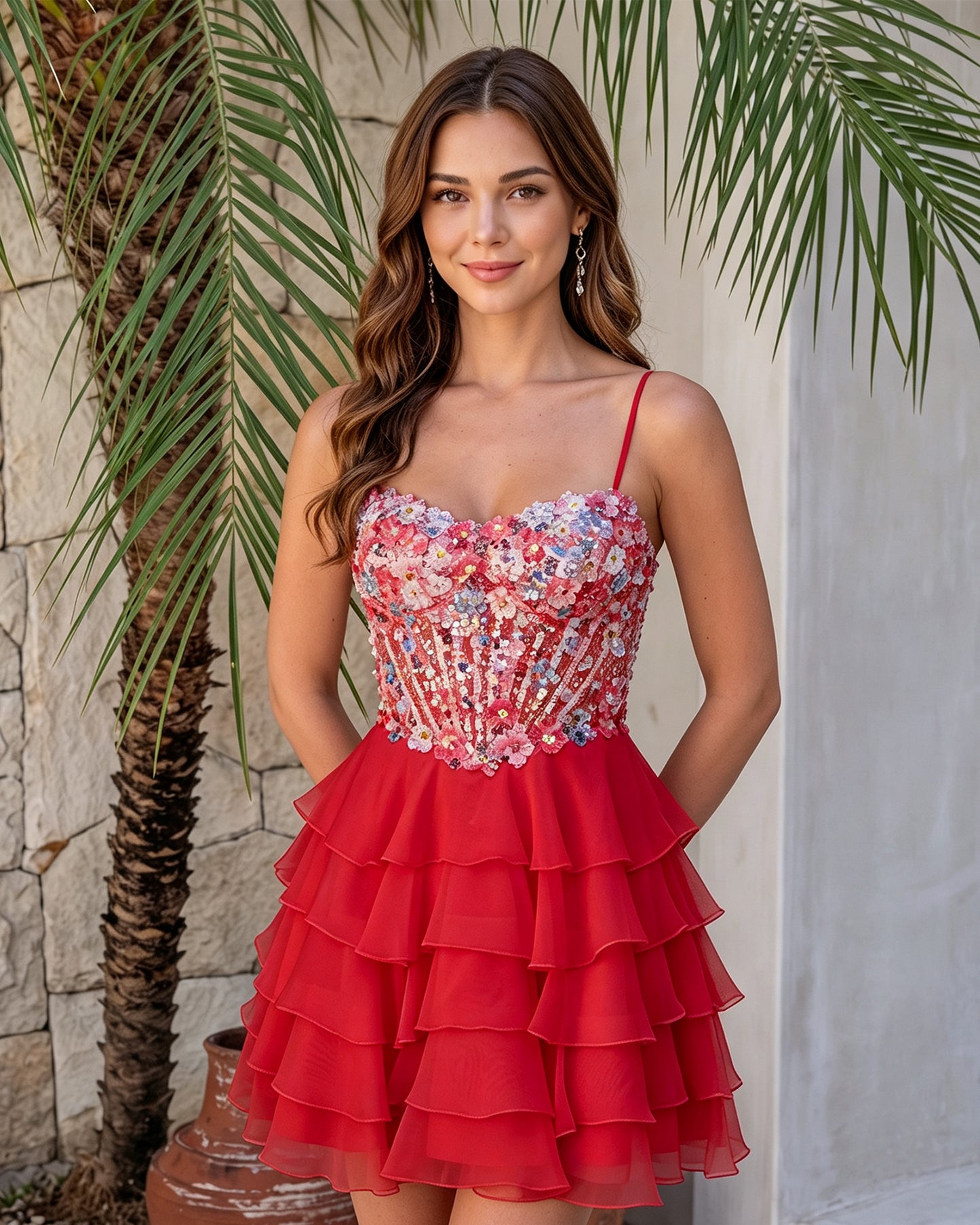 Spaghetti Strap Floral Embroidered Corset Ruffle Mini Homecoming Dress