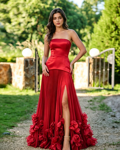 Strapless Floral Hem Formal Dress with Pleated Slit dress