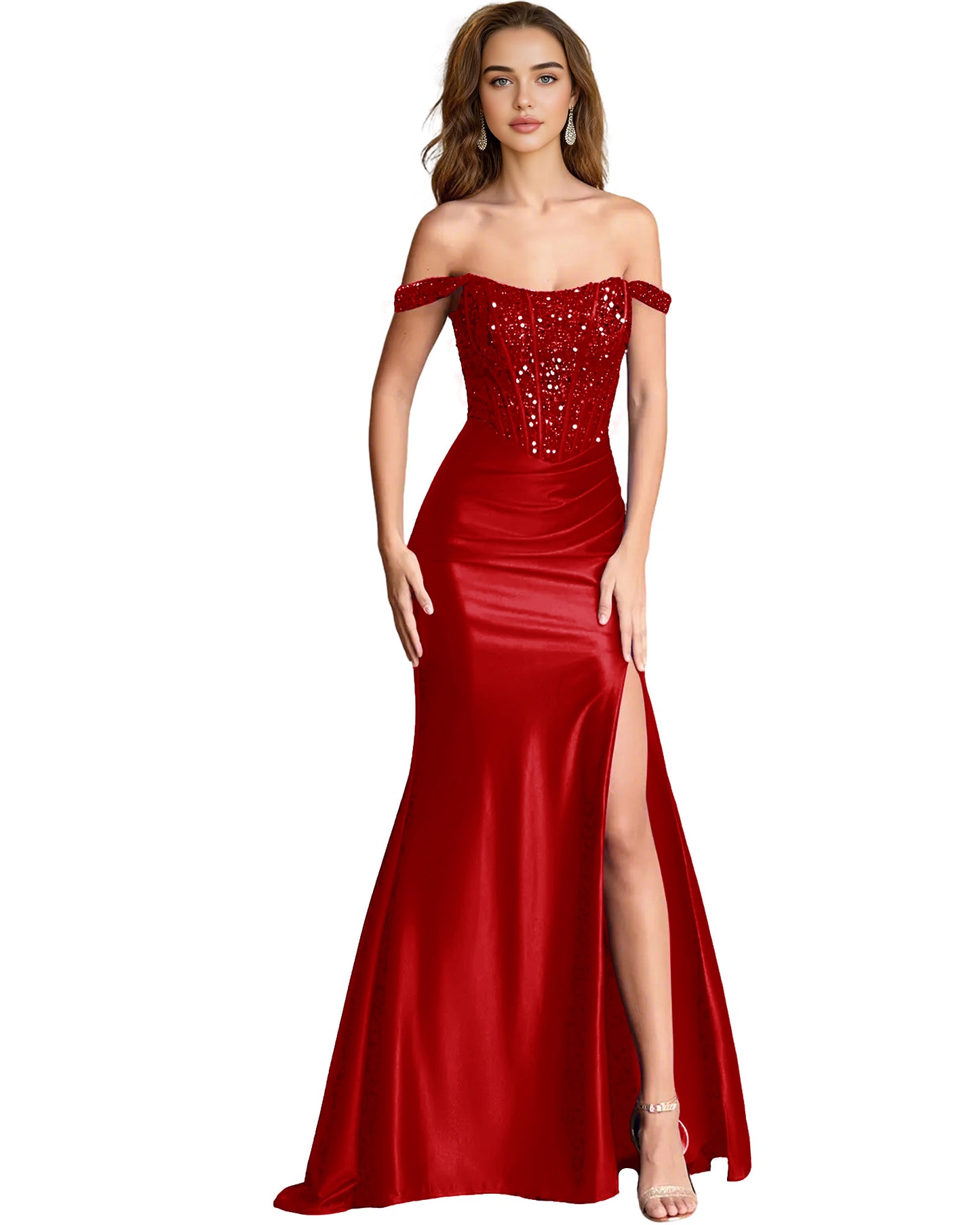 Off Shoulder Sequin Satin Mermaid Dress with Draped dress Slit