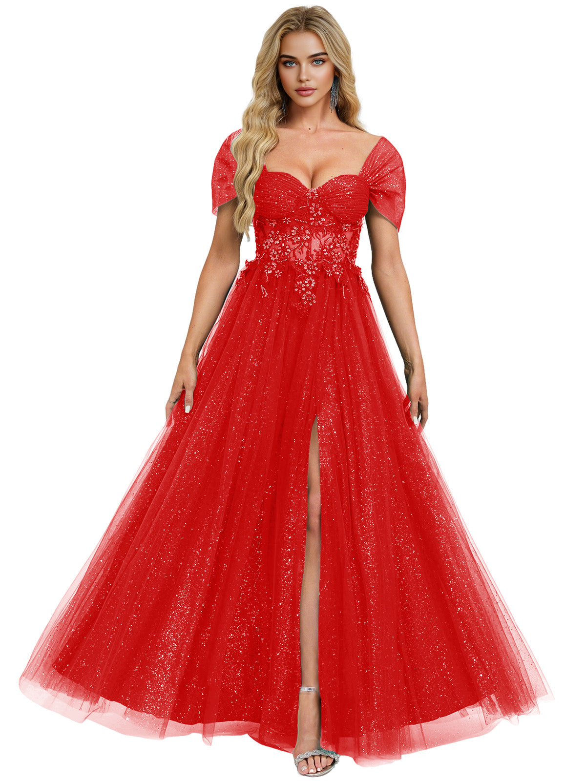 Short Sleeve Glitter Tulle Prom Dress with Illusion Bodice and Slit