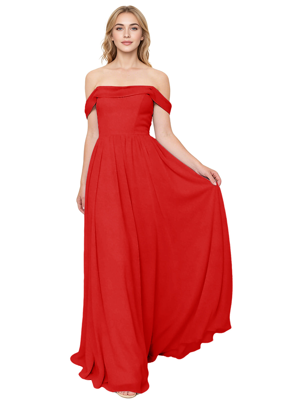 Off Shoulder Pleated Chiffon Bridesmaid Dress with Flowing A-Line Dress