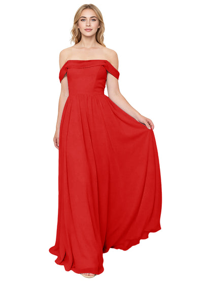 Off Shoulder Pleated Chiffon Bridesmaid Dress with Flowing A-Line Dress