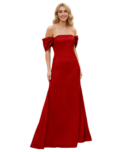 Off Shoulder Satin Bridesmaid Dress with Foldover Neckline and Trumpet Dress