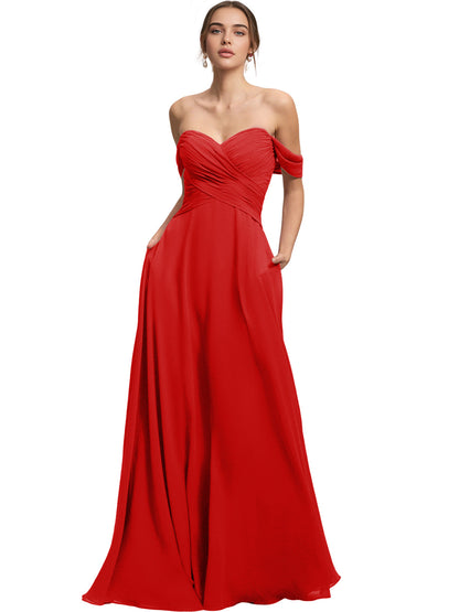 Off Shoulder Chiffon Bridesmaid Dress with Draped Bodice and A-Line Dress