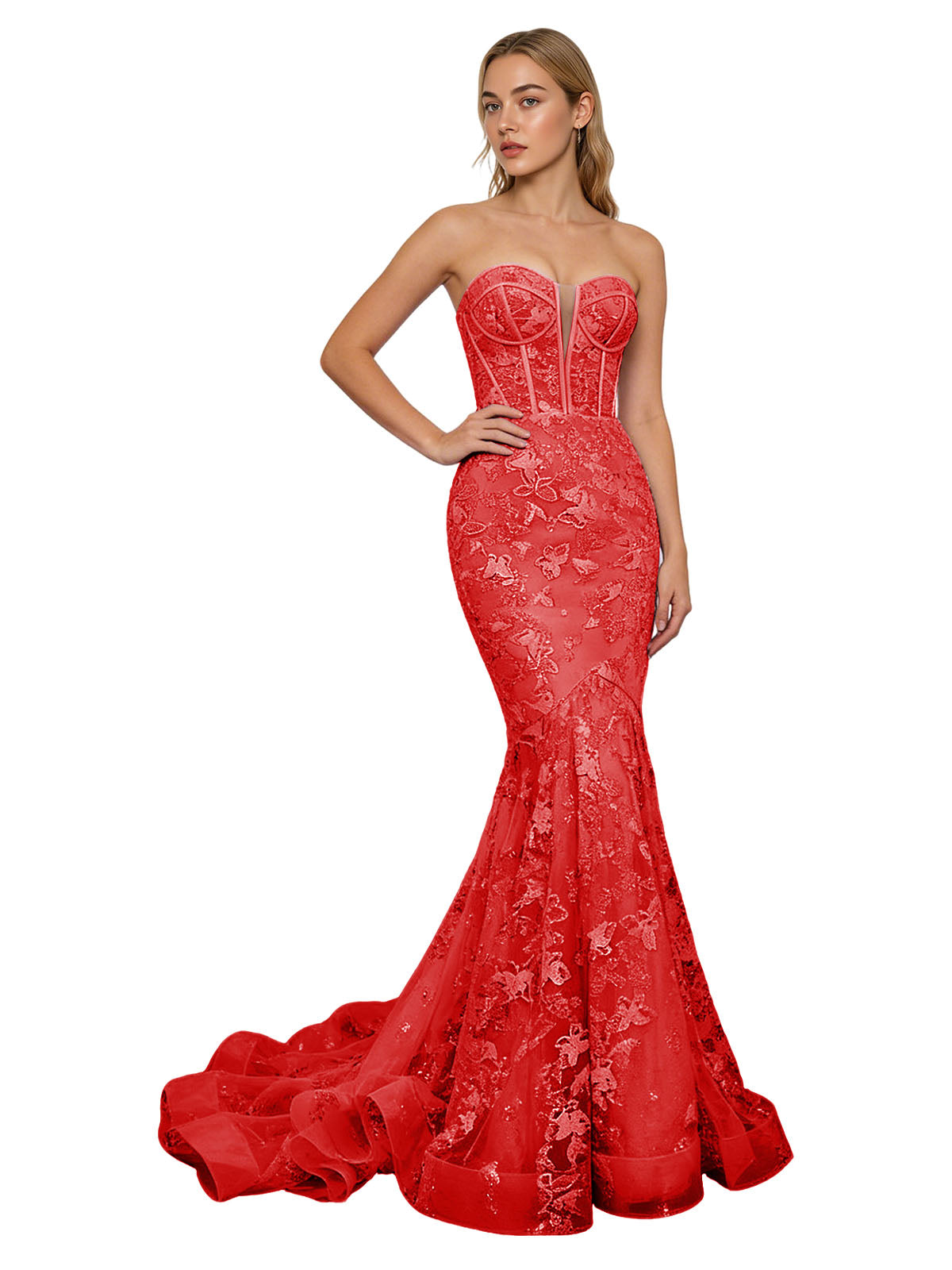 Strapless Lavender Lace Mermaid Prom Dress with Sheer Corset and Train