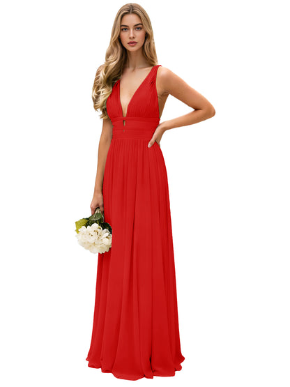 Spaghetti Strap V-Neck Chiffon Bridesmaid Dress with Open Back