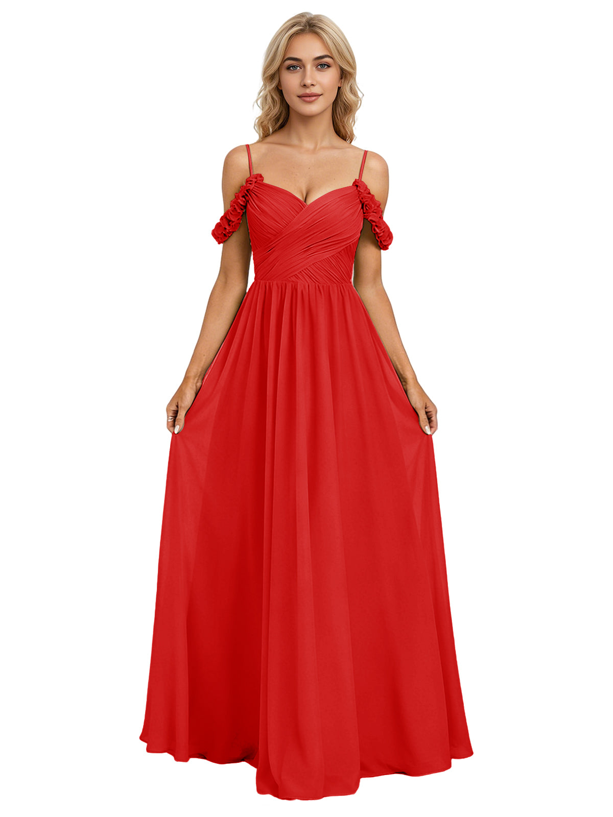 Off Shoulder Lace Applique Bridesmaid Dress with Flowing Chiffon dress