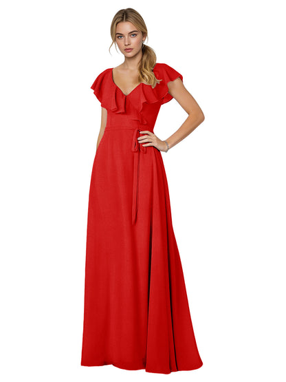 Tie Neck Chiffon Bridesmaid Dress with Flutter Sleeves