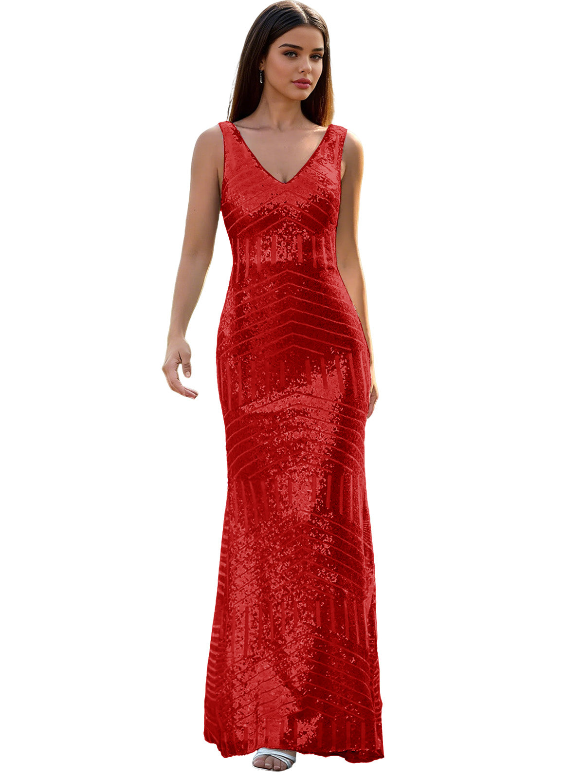V-Neck Sequin Column Prom Dress with Beaded Waist and Low Back