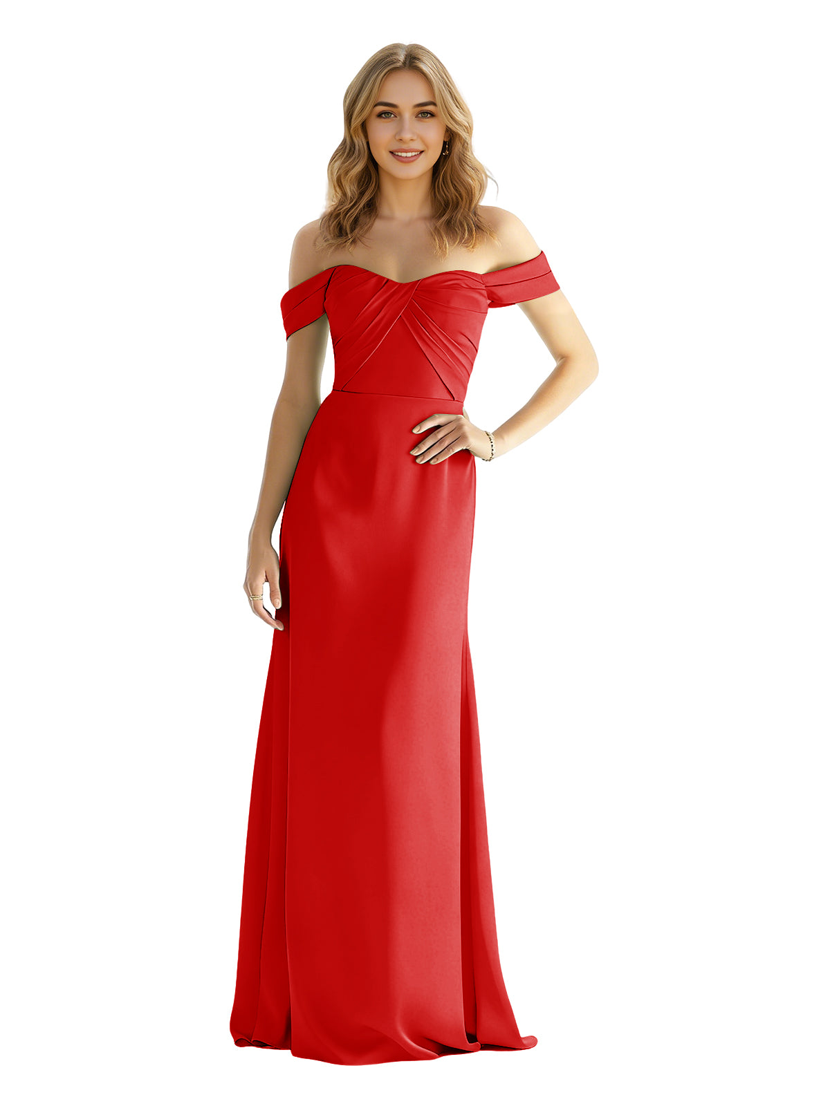 Sweetheart Off Shoulder Satin Bridesmaid Dress with Wrapped Bodice