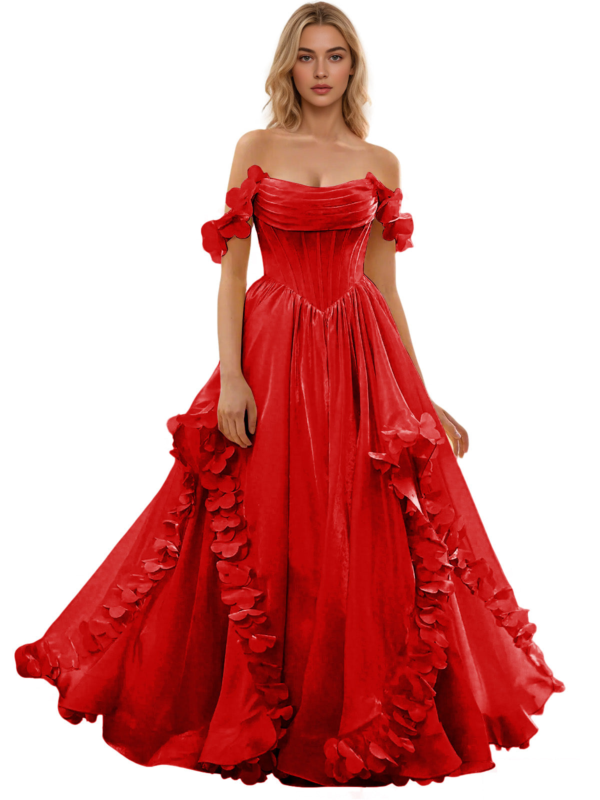 Off Shoulder Ruffle Tulle Ball Gown Prom Dress with Floral Applique