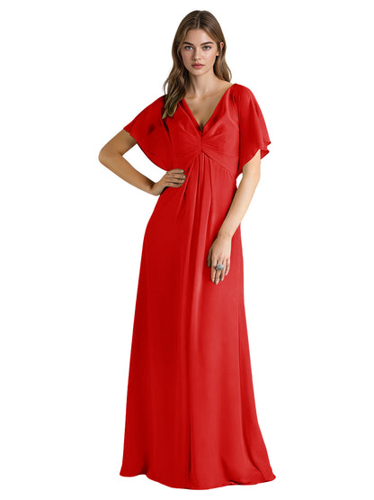 Short Sleeve V-Neck Chiffon Bridesmaid Dress with Gathered Waist