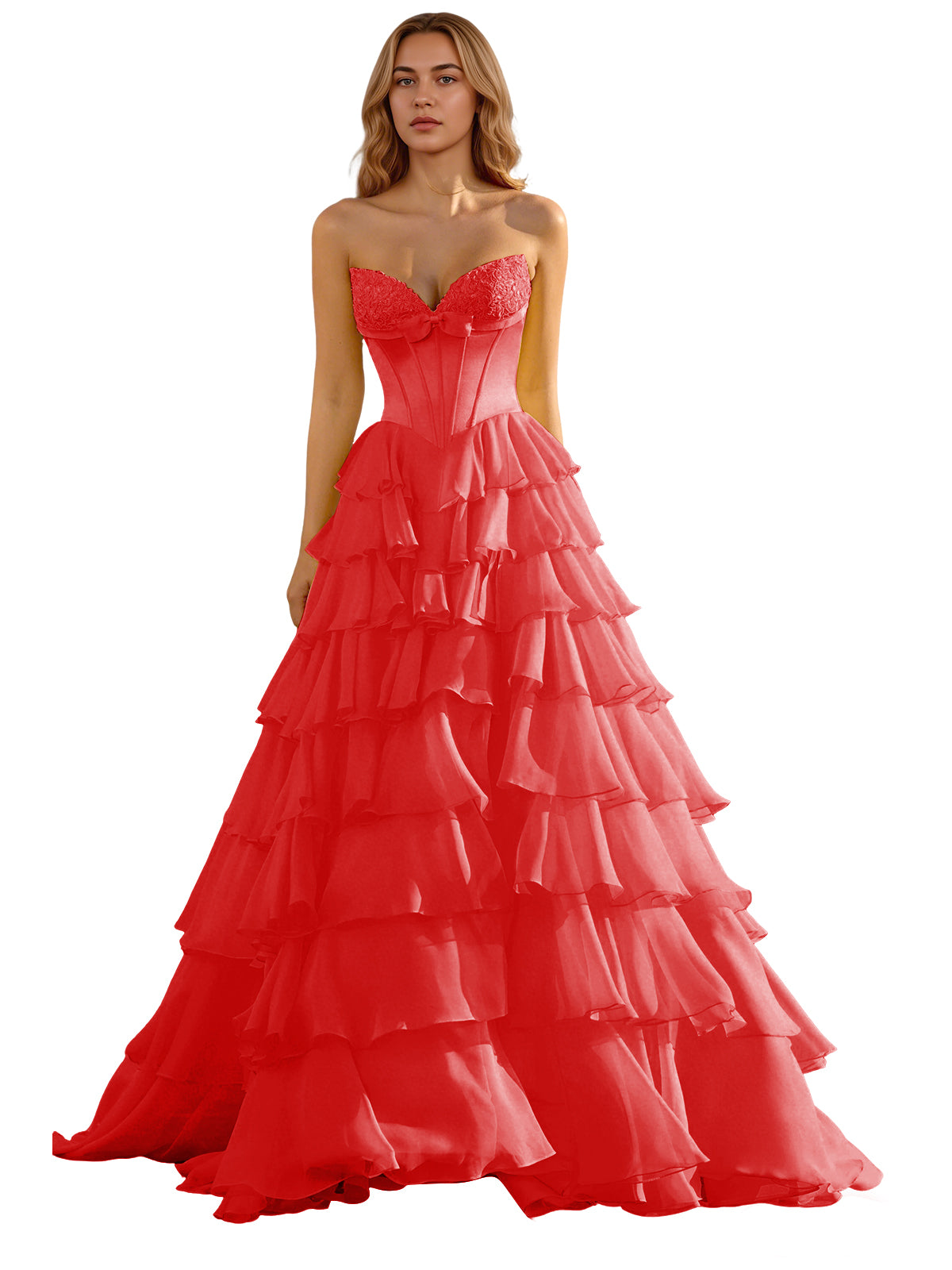 Strapless Tiered Organza Ball Gown Prom Dress with Corset Top