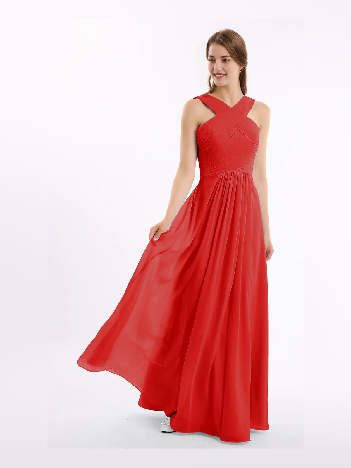 Pleated Halter Neck A-Line Maxi Chiffon Bridesmaid Dress for Estate Wedding