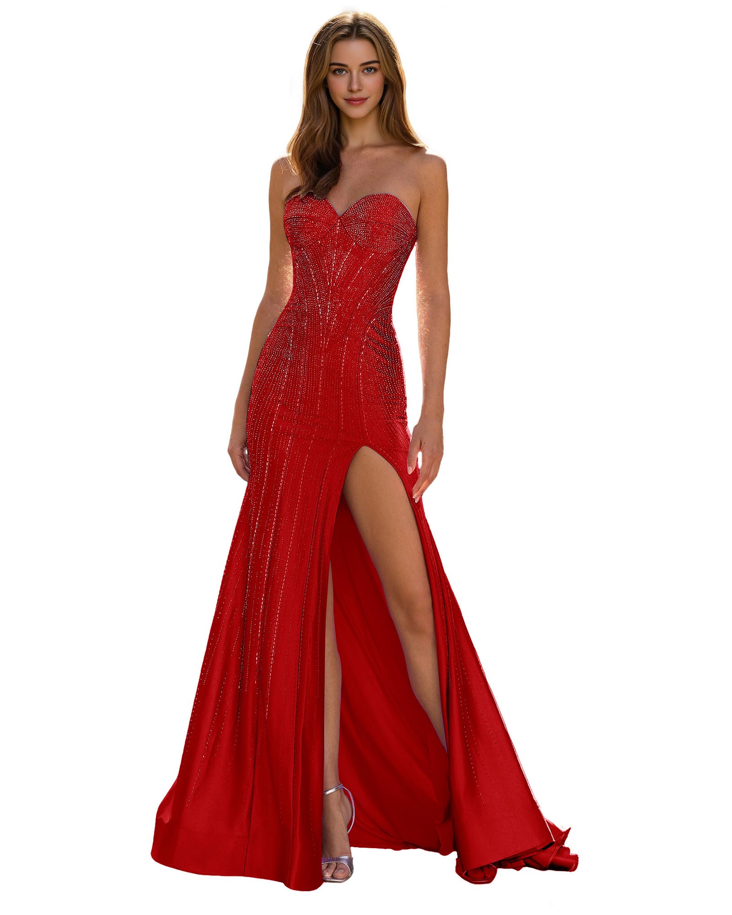Strapless Sequin Column Prom Dress with Side Slit and Sweep Train