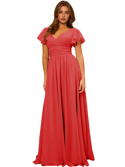 V-Neck Flutter Sleeve Chiffon Bridesmaid Dress with Empire Waist