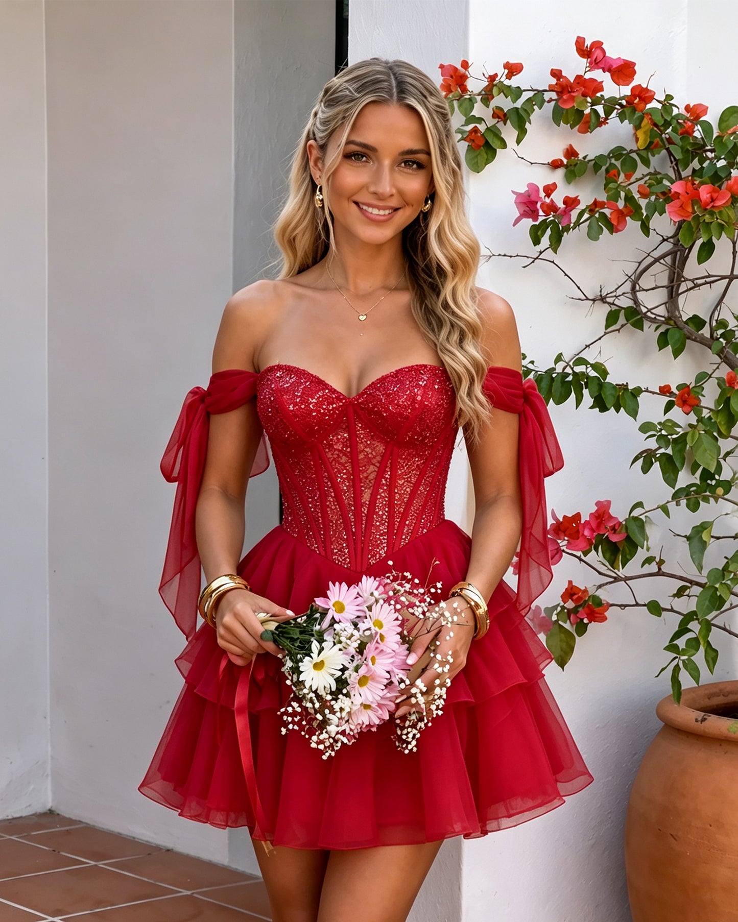 Off-Shoulder Lace Corset Tiered Tulle Homecoming Dress