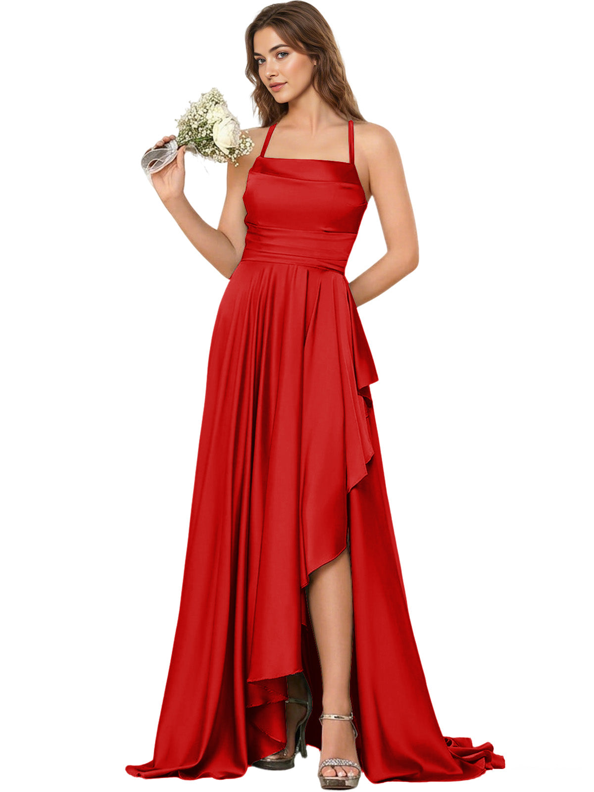 Open Back Halter Bridesmaid Dress with High Low Overlay dress