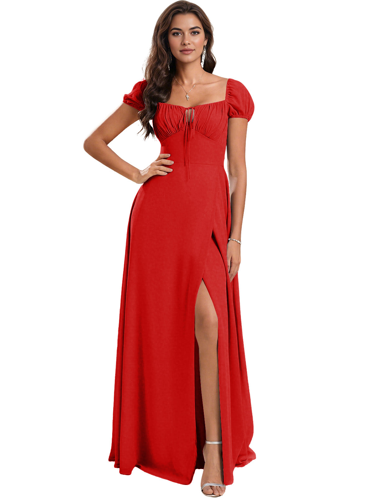 Ruched Short Sleeve Chiffon Bridesmaid Dress with Side Slit