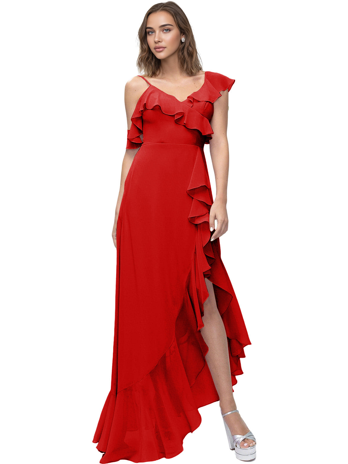 Asymmetrical Ruffle Chiffon Bridesmaid Dress with High Low Slit